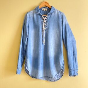 Anthropologie Cloth Stone Chambray Top M Lyocell Lace Up Coastal Casual Resort